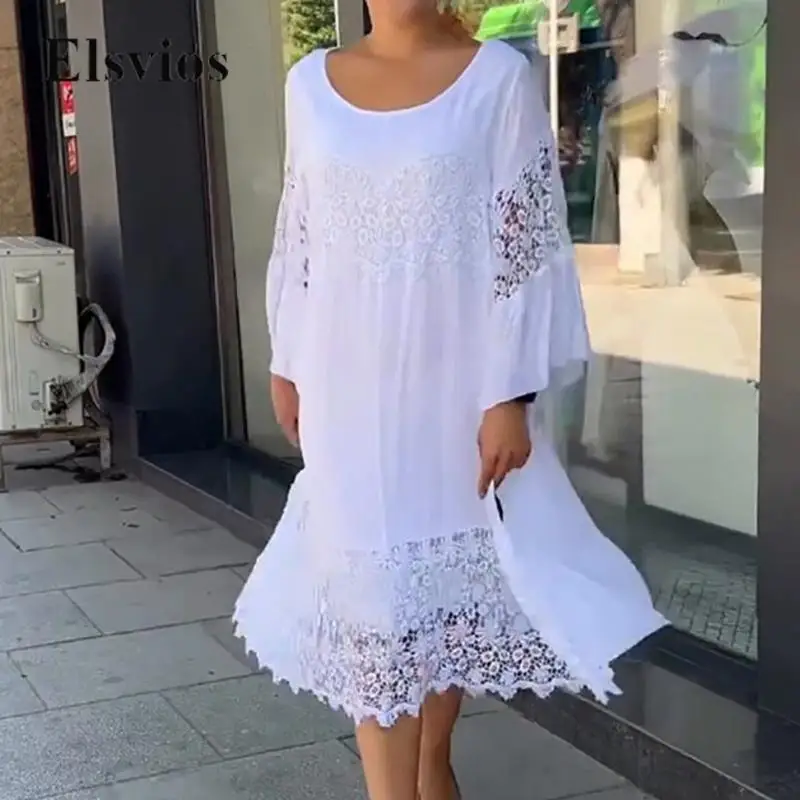 

Ажурное кружевное платье Pathwork с вышивкой, модное женское свободное платье-пуловер с круглым вырезом, женское повседневное длинное пляжное платье с рукавом 3/4