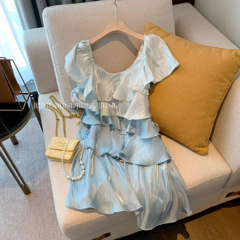 

2022 Summer Ruffle Y2k Mini Dress Women Sleeveless Strap Dress Party Female Elegant Beach Boho One Piece Short Sleeve Dress