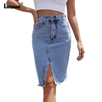 ladiguard 2022 summer fashion knee length denim skirt women streetwear sexy irregular bodycon skirts high waist short jeans