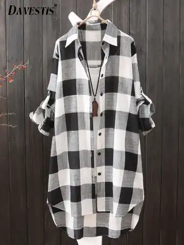 Plaid Midi Shirt Women 2023 Spring Summer Fashion Color Matching Loose Linen Blouses and Shirt Women Casual Long Sleeve Shirts