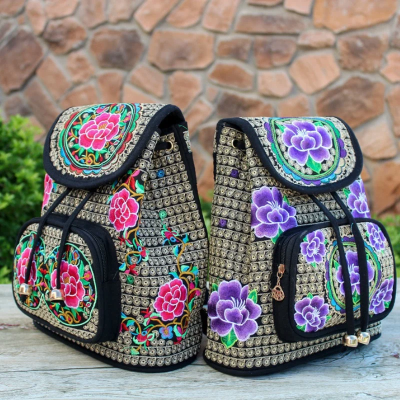 

China Yunnan Ethnic Embroidery Backpack Retro Floral Embroidered Ladies Rucksack Embroidered Backpack Embroidered Shoulder Bag