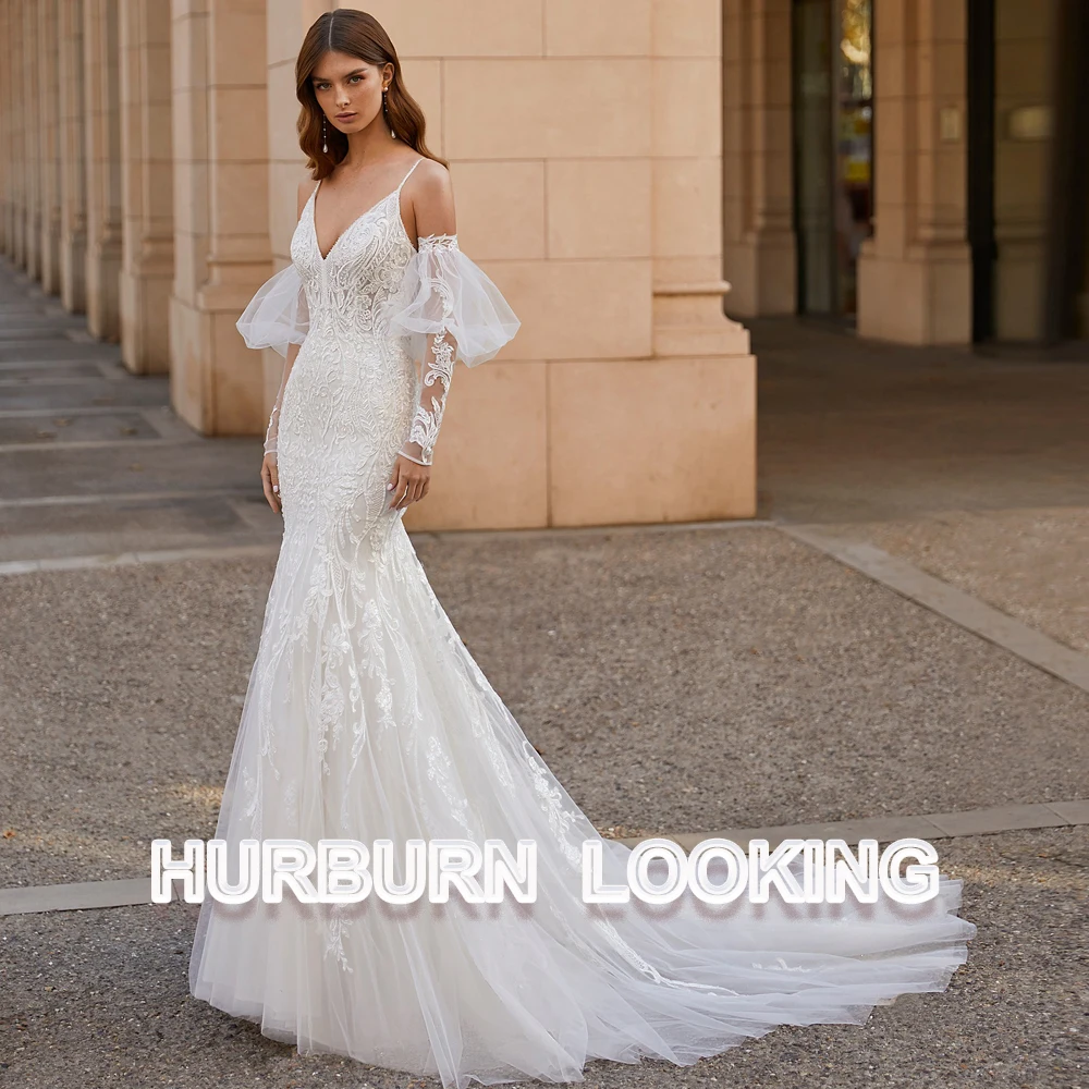 

HERBURN Luxury Mermaid Wedding Dress Bridal Lantern Sleeves Cathedral Train Customize Goddess Pleated Tulle New Arrival Occasion