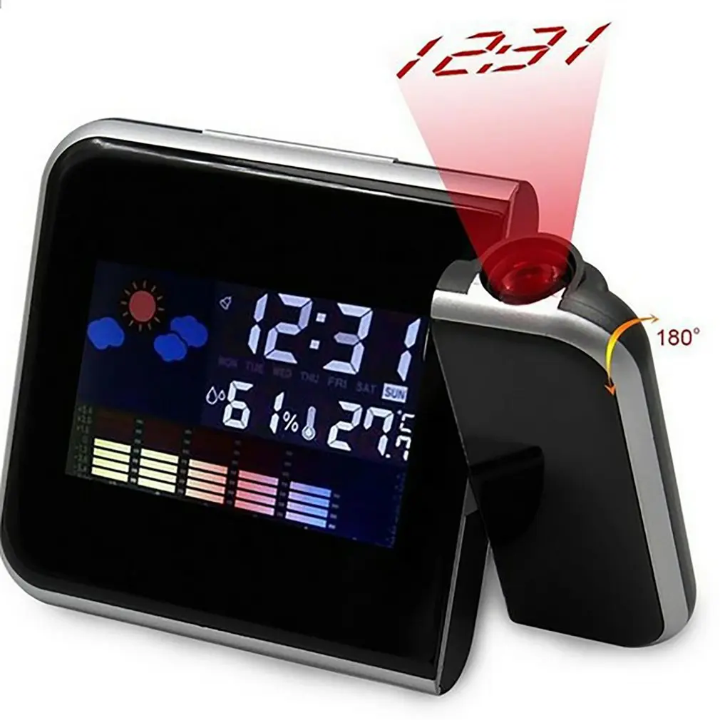 

Colorful LED Digital Projection Alarm Clock Temperature Thermometer Humidity Hygrometer Desk Time Projector Calendar