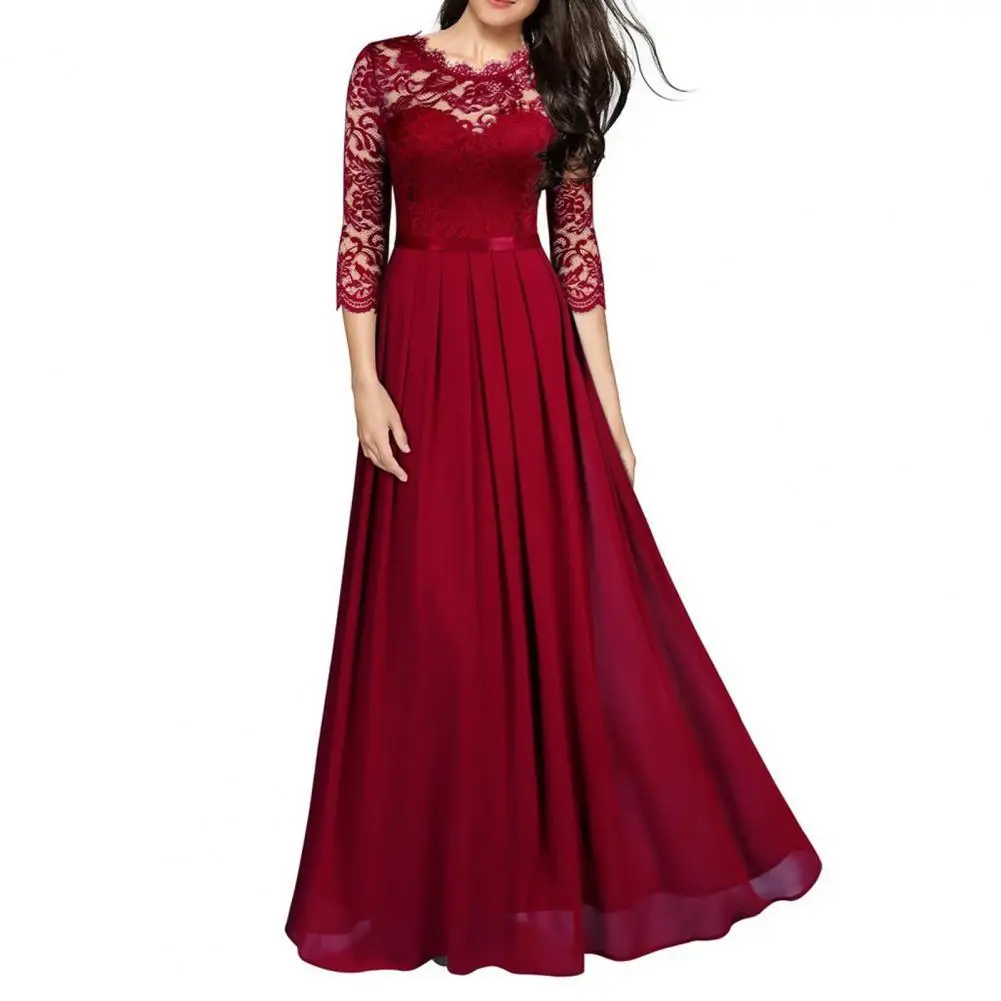 

Chiffon Stitching Lace Women Dresses 2022 New Summer Fashion Round Neck Elegant Temperament Hollow Women's Long Dresses Vestidos