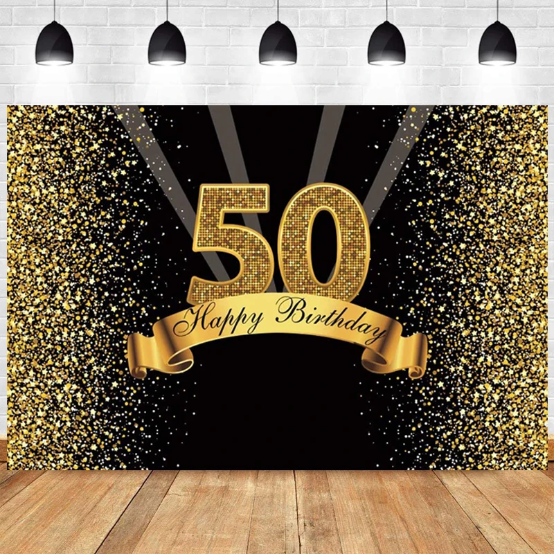 Black Gold 50th Photo Backdrop For Woman Men Happy Birthday Party Fifty Years Photograph Background Banner Decoration Prop