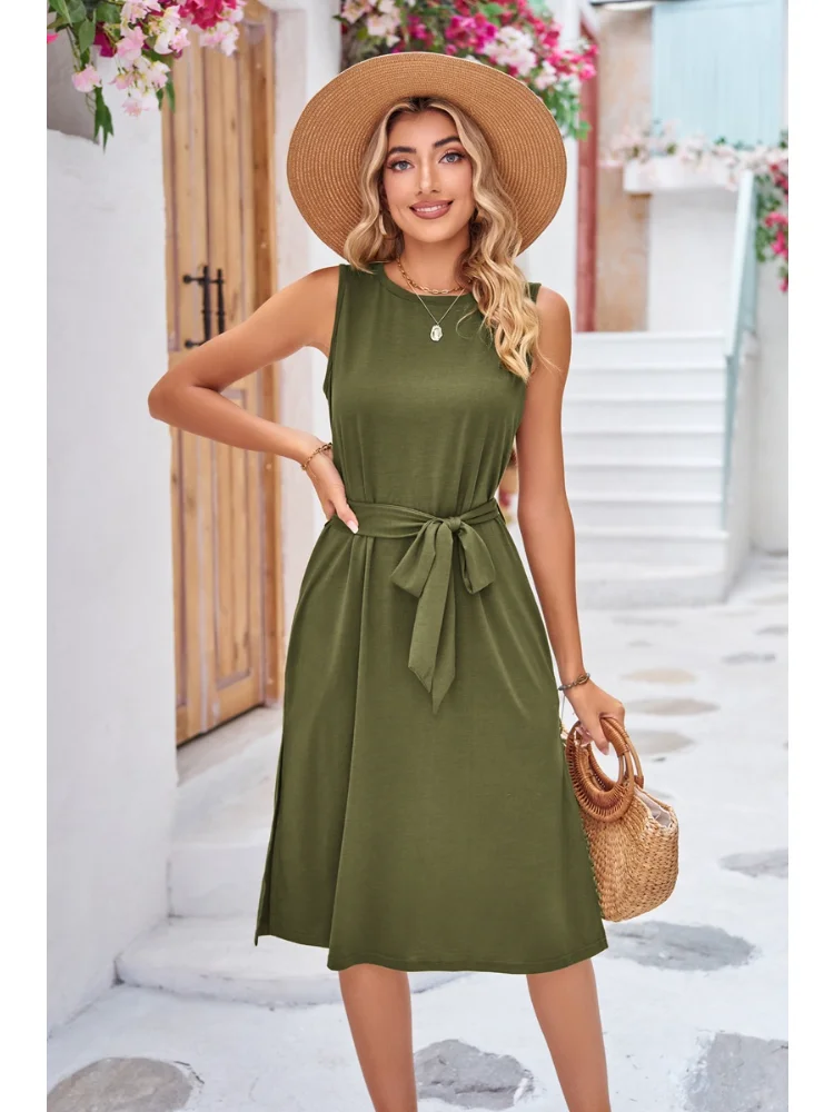 

New Summer Dress Women Solid Color Round Neck Casual Sleeveless Dress Comfortable Dresses Stylish Maxi Dresses for Women Robe