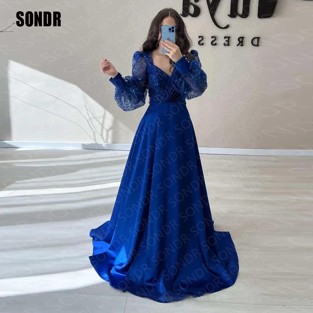 

Royal Blue High Side Slit Shiny Sequins Evening Dress A Line Full Sleeves Dubai Party Night Dresses Robe De Soirée 2023