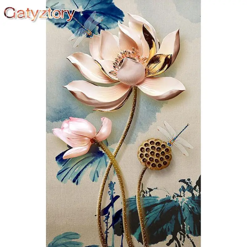 

GATYZTORY Oil Painting By Numbers Lotus Flower Picture Drawing On Canvas By Number Handmade DIY Gift 40x50 Frame Home Arts