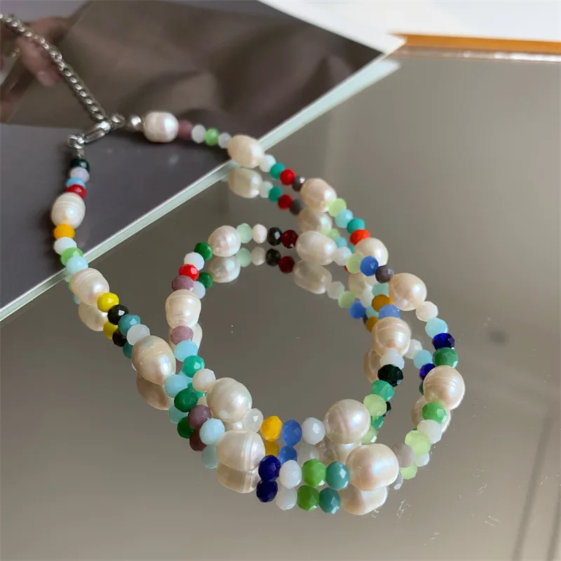 

Korea 2022 New Freshwater Pearl Crystal Beaded Necklace Baroque Style Colorful Beads Chain Vintage Necklaces
