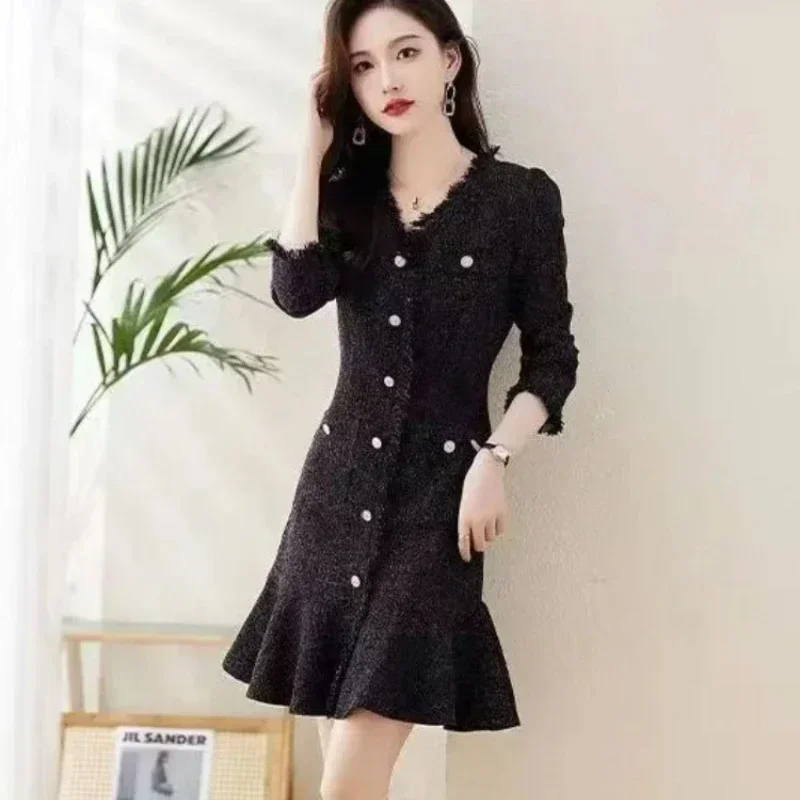 Черные женские платья с длинным рукавом весенне-осеннее модное новое женское