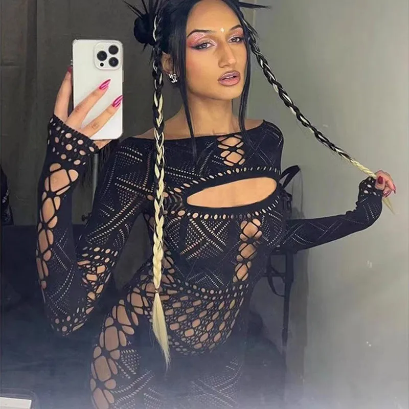 Женский прозрачный комбинезон Spifore черный облегающий с круглым вырезом женский