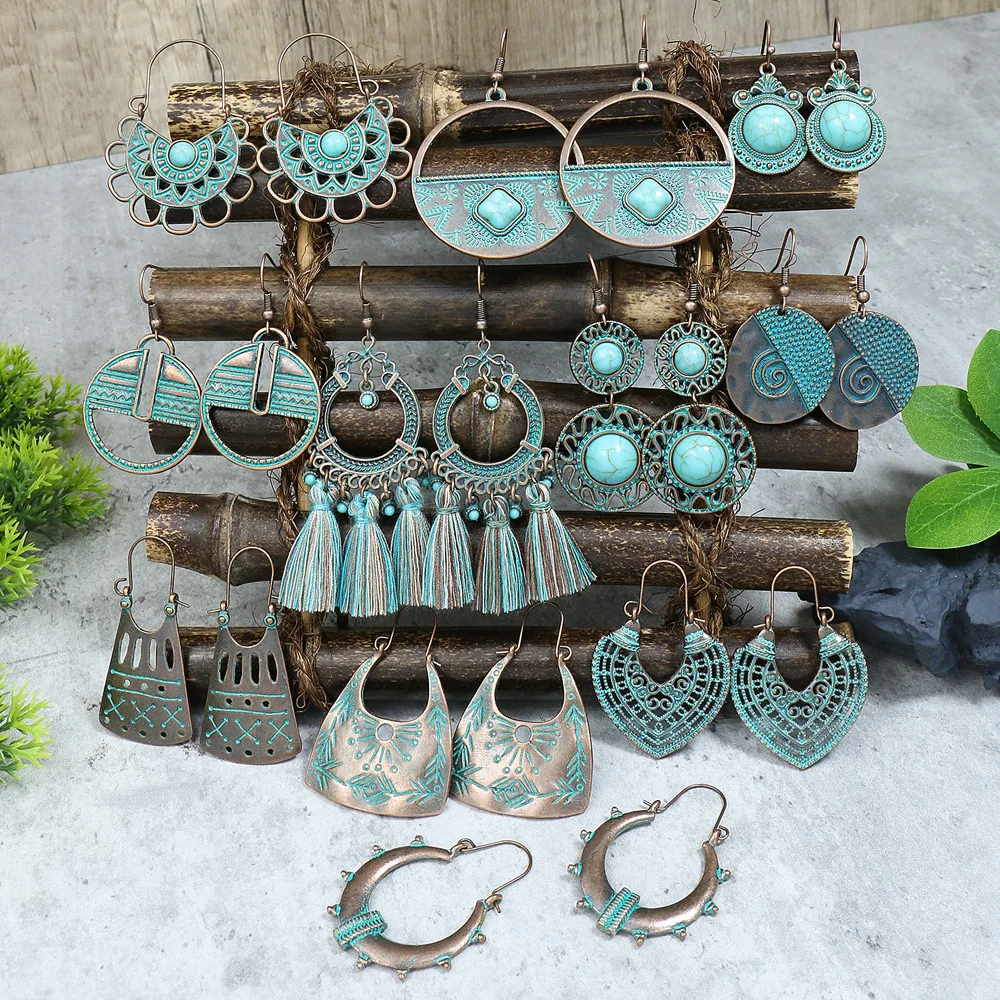 

Vintage Ethnic Bronze Tassel Geometric Dangle Earrings for Women Boho Temperament Leaf Carved Water Drop Earrings Jhumka Jewelry