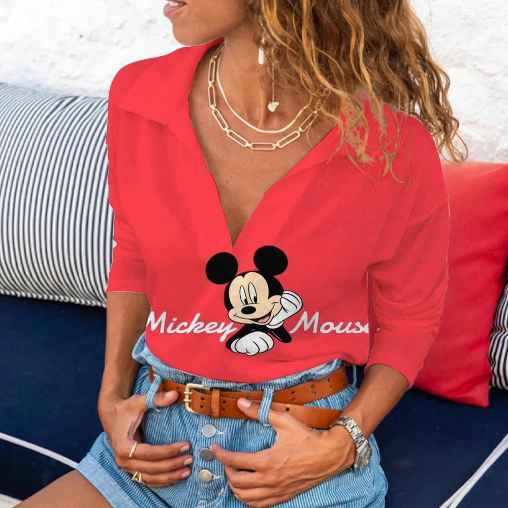 

Top Mickey Tops Women 2022 Long Sleeves Minnie Mouse Polo Shirts Y2k Clothes Cool Fashion Woman Blouses Cartoon T-shirts V-Neck