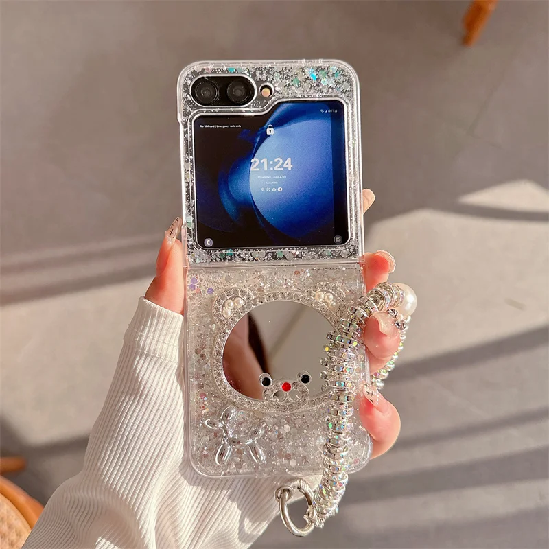 Милый чехол для телефона с зеркальным медведем Samsung Z Flip 6 5 4 3 цепочкой корейские