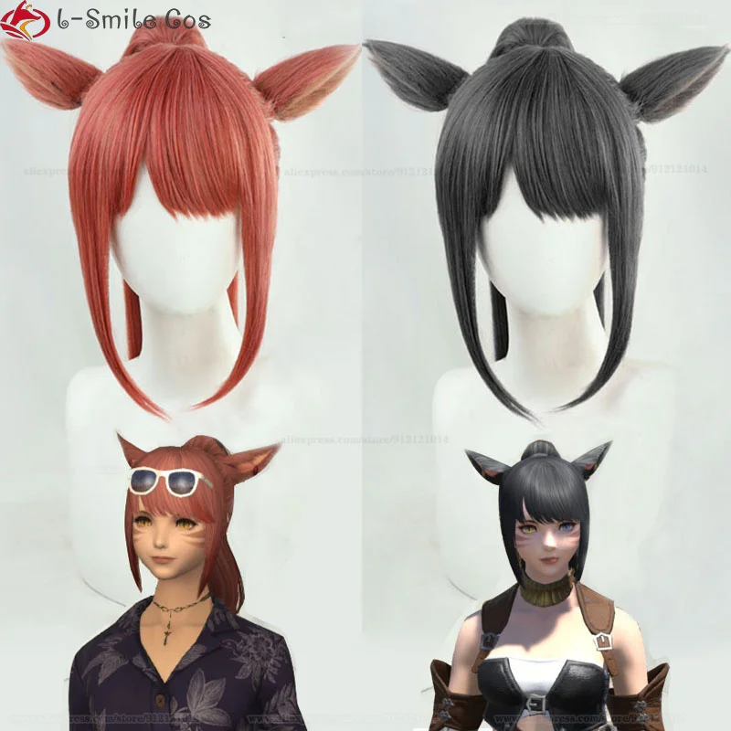 

Game FF14 Ryne Gaia Cosplay Wig Ears Final Fantasy XIV Long Ponytail Heat Resistant Synthetic Hair FFXIV Party Wigs + Wig Cap