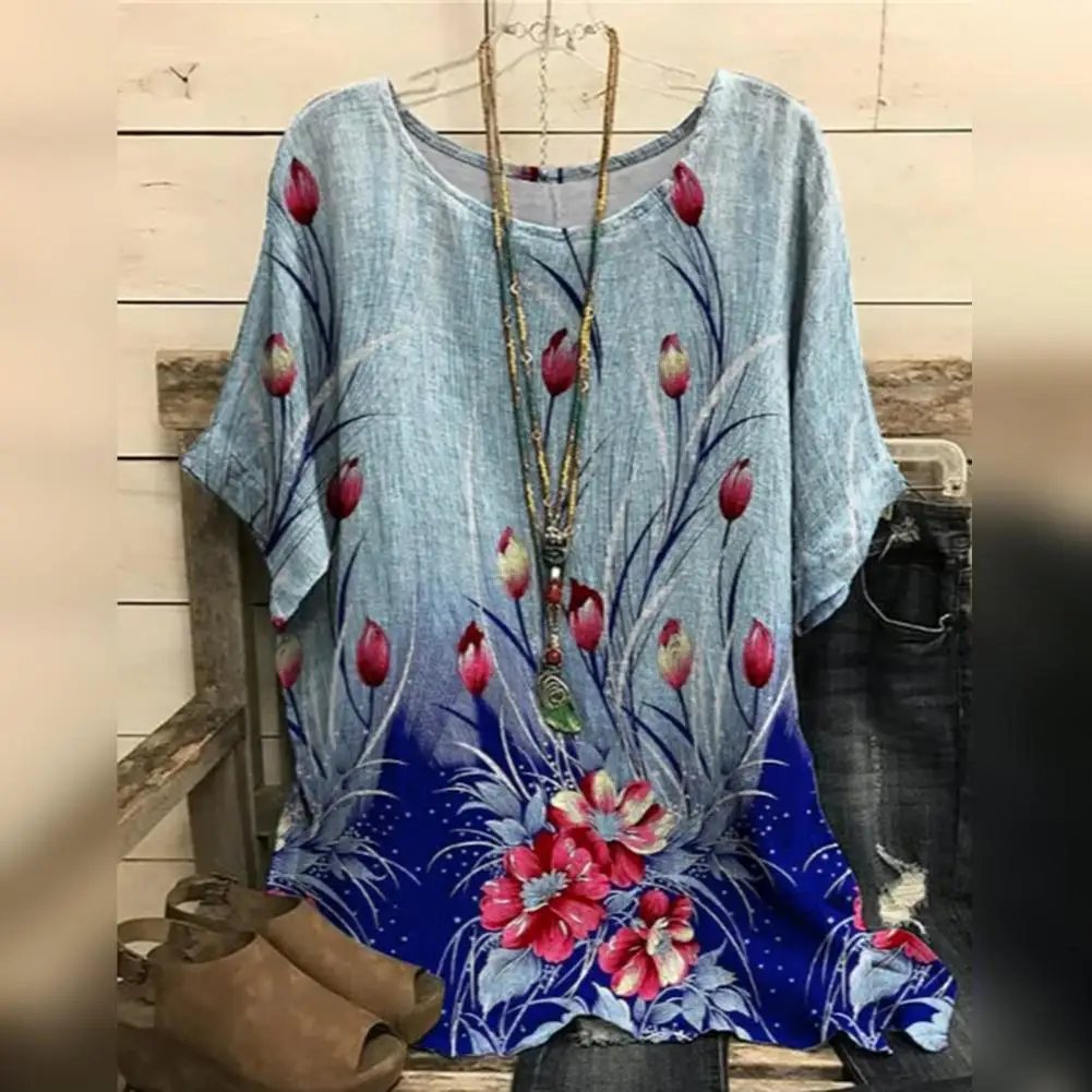 

Women Top Short Sleeve Round Neck -shirt Loose Flower Print Blouse Mid Length Soft Thin Colorfast Lady Summer Blouse