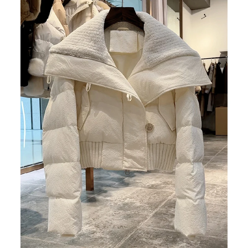 High-End Winter Clothes Women White Down Jacket French Style Temperament Women's Lapel Long Sleeve Short Cotton-Padded Coat