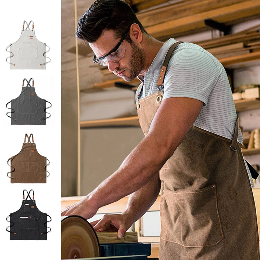 

Kitchen Chef Canvas Aprons Multi Pockets Multipurpose Work Apron For Bar Restaurant Grill Cafe Barbecue Milk Tea Shop Garden