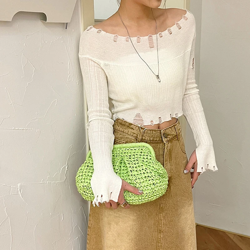 Женский соломенный клатч на застежке модный Дамский кошелек цепочке Пляжная