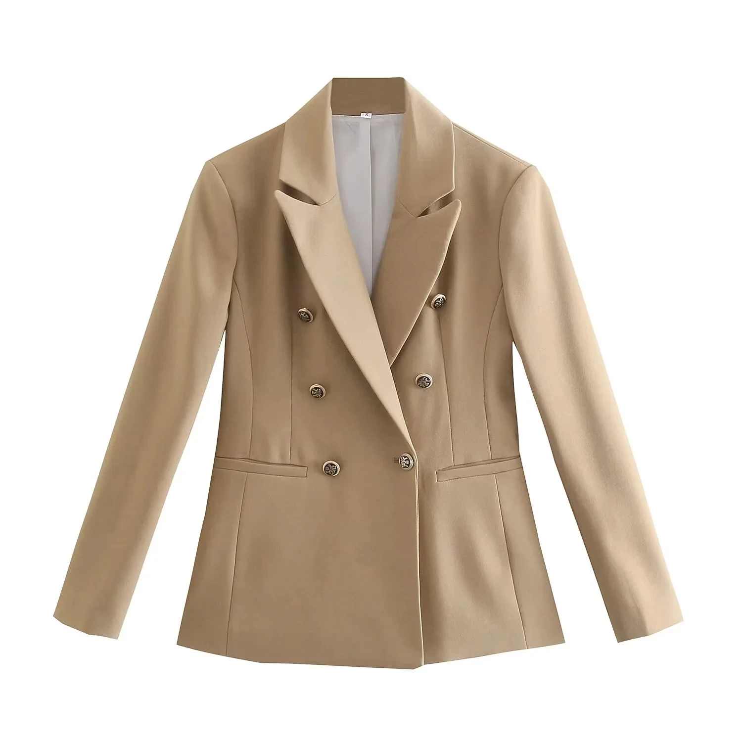 Maxdutti England Style Jacket High Street Double Breasted Notched Khaki Solid Casual Blazers Women