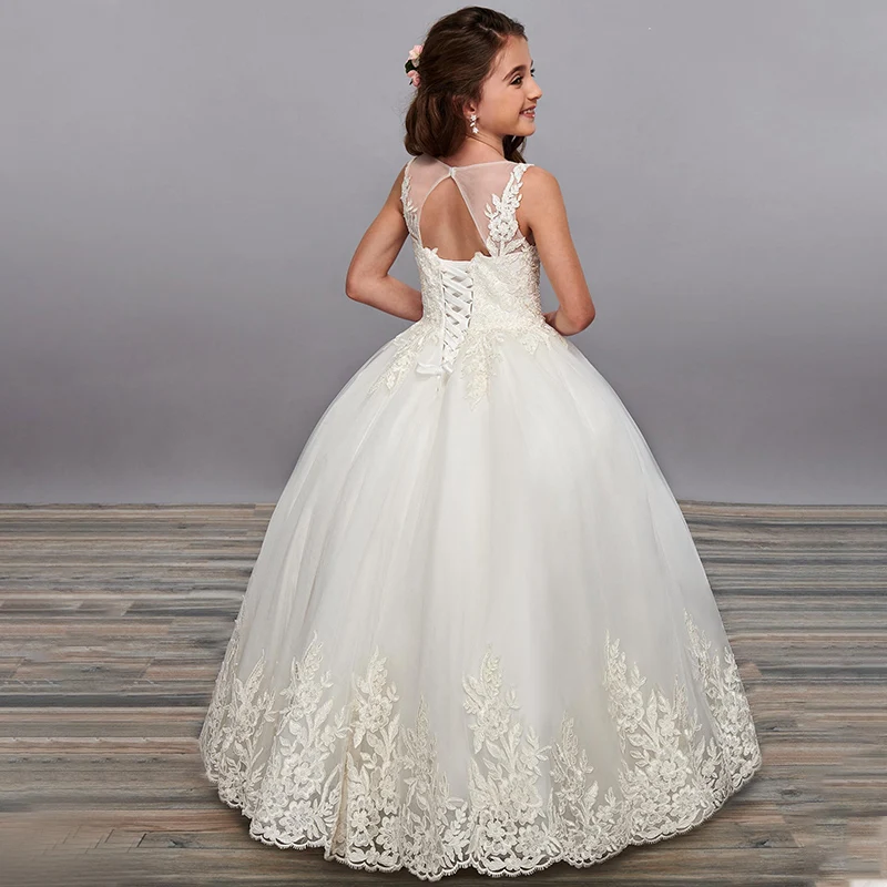 Детское бальное платье Золушки белое с цветочным рисунком и аппликацией для