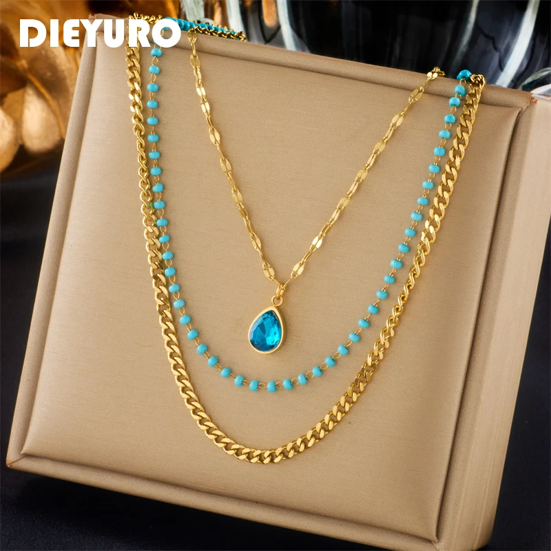 

DIEYURO 316L Stainless Steel Blue Water Drop Crystal Pendant Necklace For Women Girl New Trend 3in1 Chains Choker Jewelry Gift