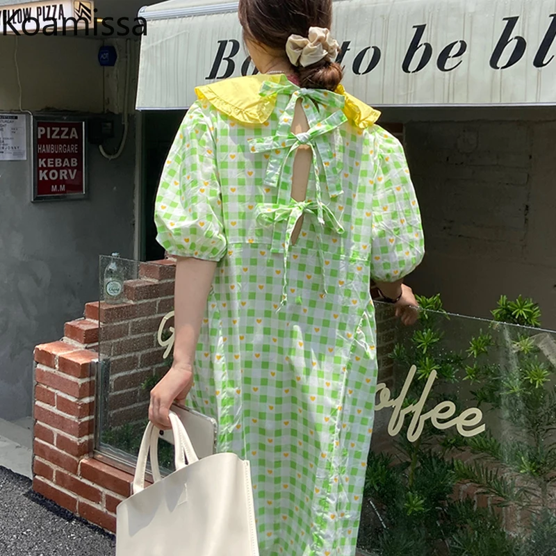 Koamissa Summer Sweet Women Straight Dress Short Sleeves Back Lace Up Lady Loose Dresses Chic Korean Vestidos 2022 Fashion