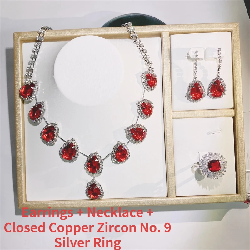 

Fashion Ladies Jewelry Set Blue Waterdrop Rhinestone Necklace with Silver Inlaid Zircon Pendant Premium Luxurious Accessories