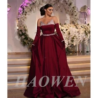 haowen elegant taffeta evening dress long sleeves beach arabic prom gown beads custom made celebrity party dress robe de soiree