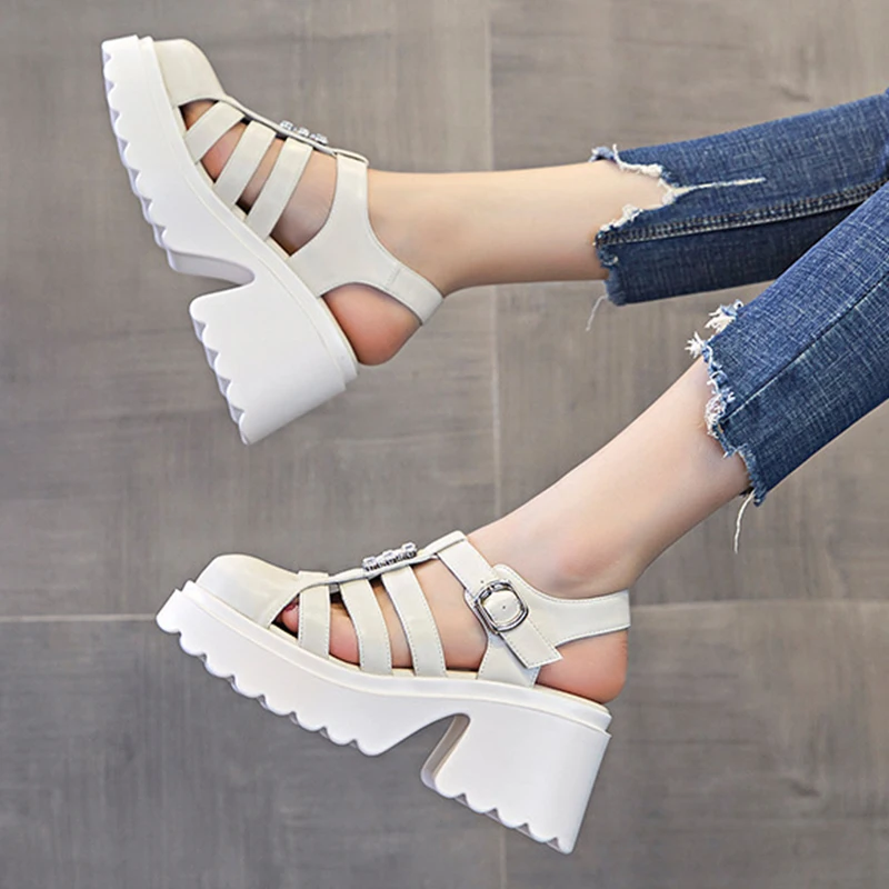 Rhinestones Deco Genuine Leather Punk Women's Sandals Soft Buckles Wearing Platform Buckle Casual Woman Sandals Female Shoes