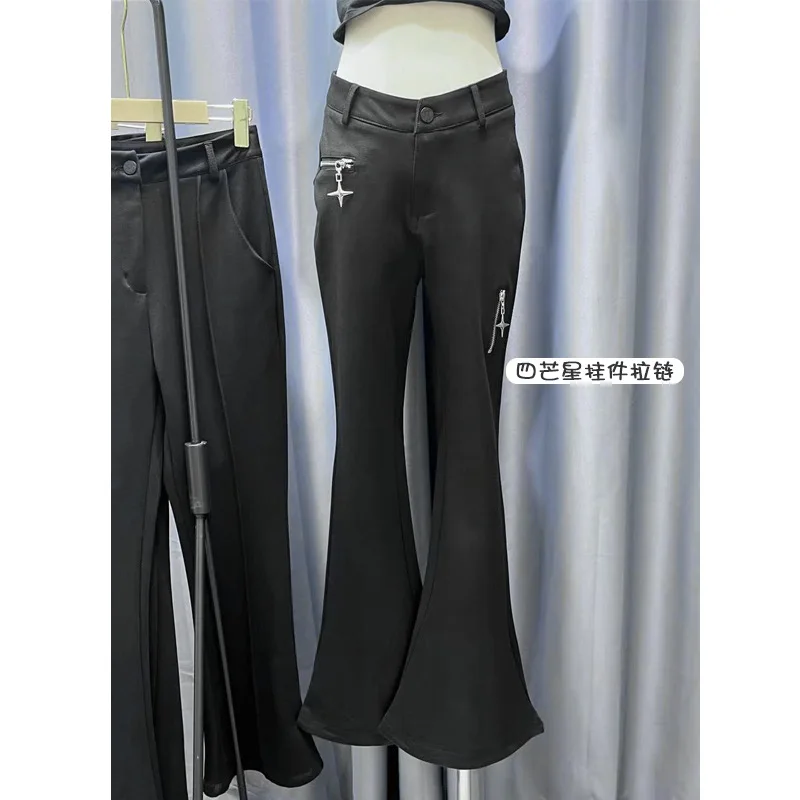 

Новинка 2023, узкие черные брюки в форме подковы с высокой талией, дизайнерские женские расклешенные микро-брюки на молнии с металлической подвеской в виде звезды