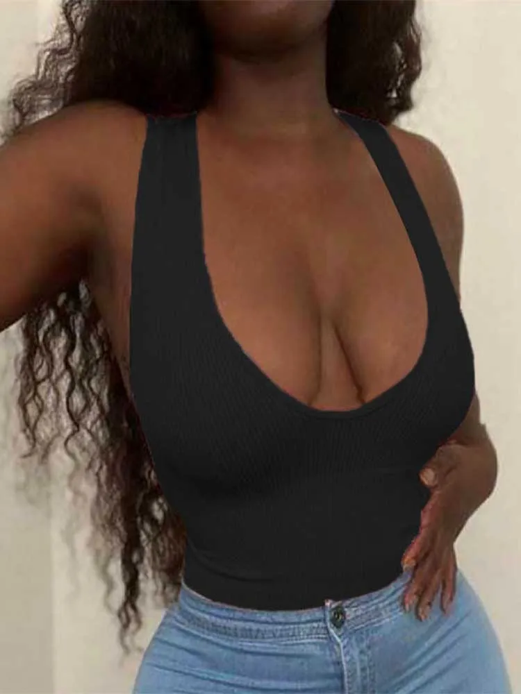 Sexy Deep V Neck Sleeveless Crop Tank Tops Summer Women Slim Stretch Cropped Camis Seamless Underwear Cropped Tops