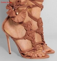 knotted braided leather sandals summer new arrival ankle lace up solid color fashion versatile colorful pop high heels women
