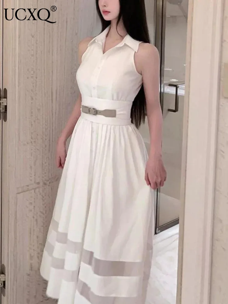 Женское платье-поло без рукавов с поясом составного кроя