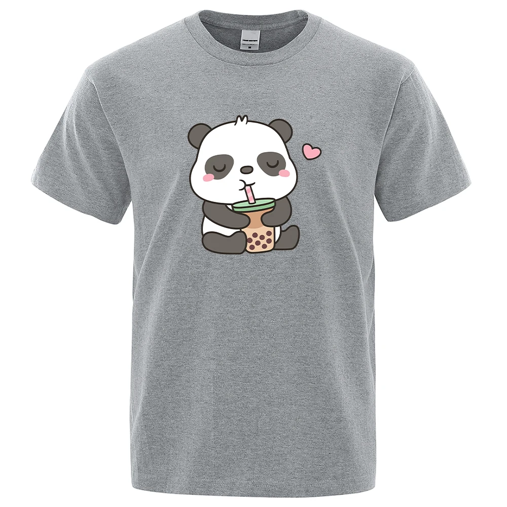 

Panda Indulging In Bubble Tea Tops Man Casual Oversize T Shirt Cotton Summer Casual Wear Cartoon Crewneck Loose Mens T Shirts