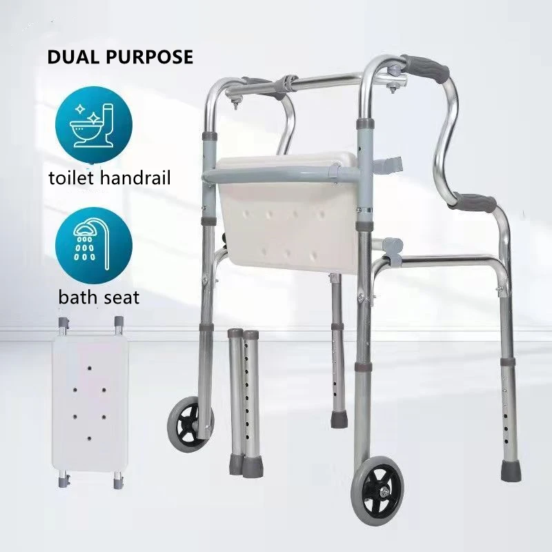 Elderly Foldable Rehabilitation Walker Adjustable Walking Assist Aluminum Alloy Standing Frame Rest Bath Pad Disabled Rollator