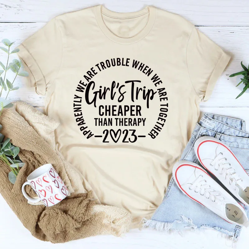 New cotton chic Girl's trip cheaper than therapy 2023 alphabet print vintage crewneck short sleeve loose women's T-shirt