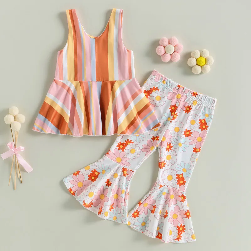 

Children Kids Baby Girls Pant Sets Summer Clothes 2023 Suits Stripe Sleeveless Tank Tops and Elastic Waist Floral Flare Pants