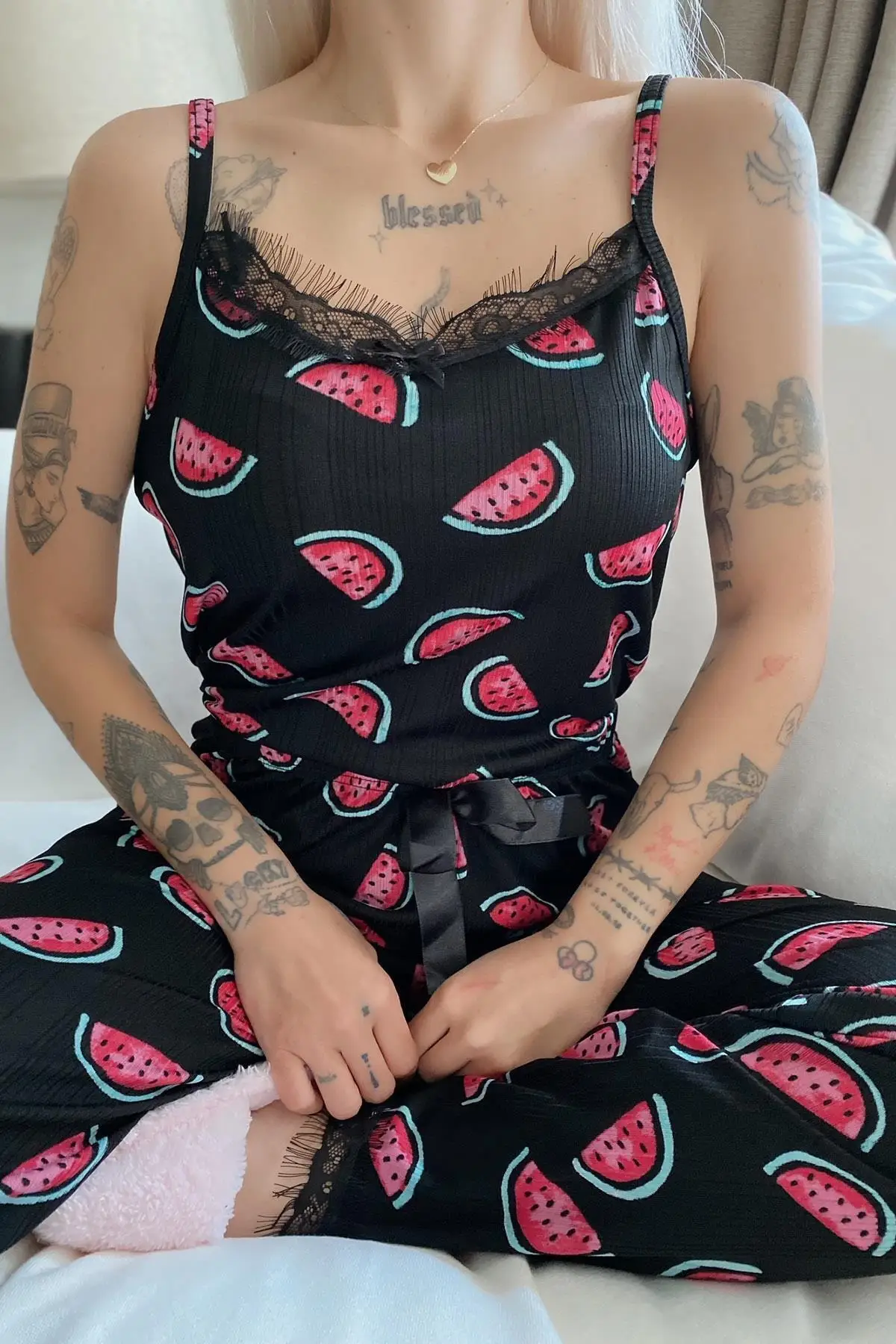 Women's Underwear Watermelon Printed Ruched Hanging Rope Knitted Fabric Pajamas set-Long And Short Choose Your