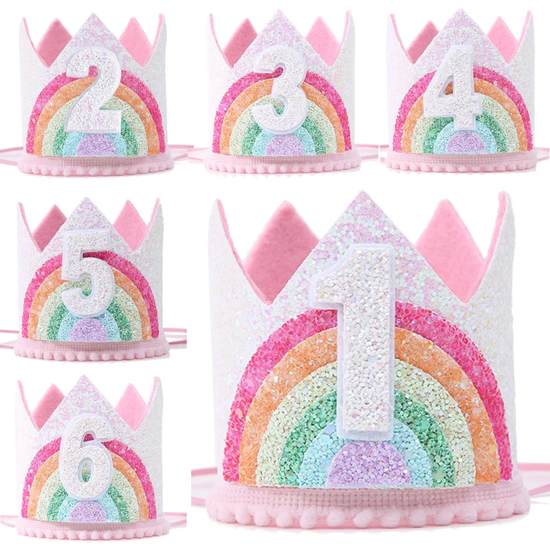 

Baby Birthday Rainbow Crown Headband 1 2 3 4 5 6 Year Birthday Caps Decoration Baby Shower 1st Birthday Children Party Decor