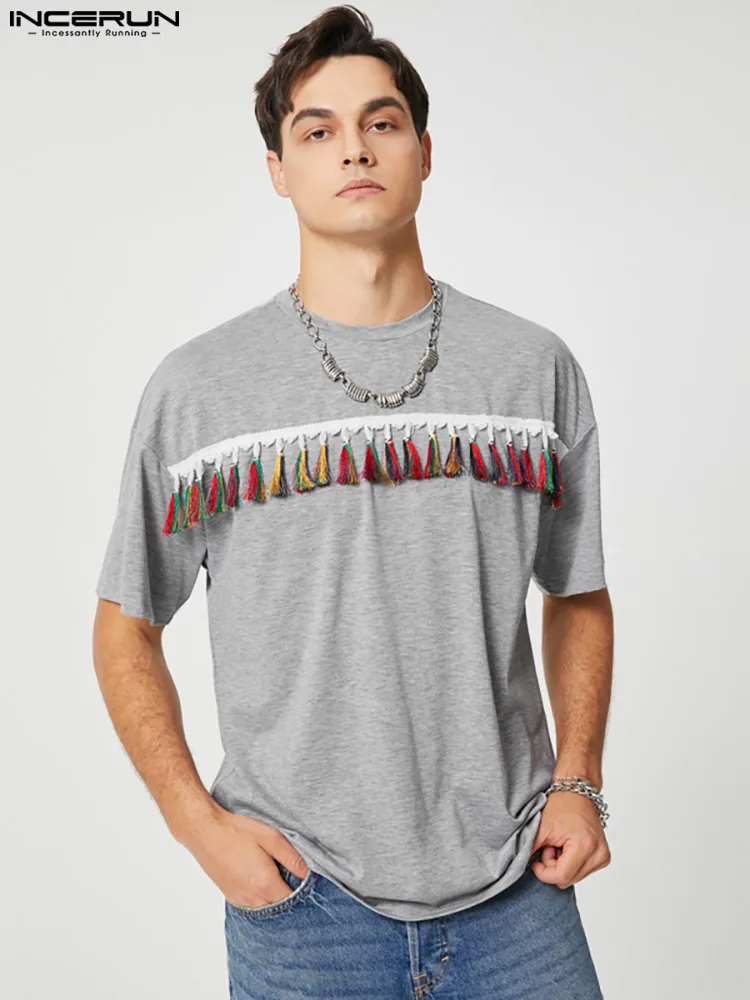 

Fashion Well Fitting Tops INCERUN Men's Colorful Tassel Camiseta Casual Simple Style Male All-match Short-sleeved T-shirts S-5XL