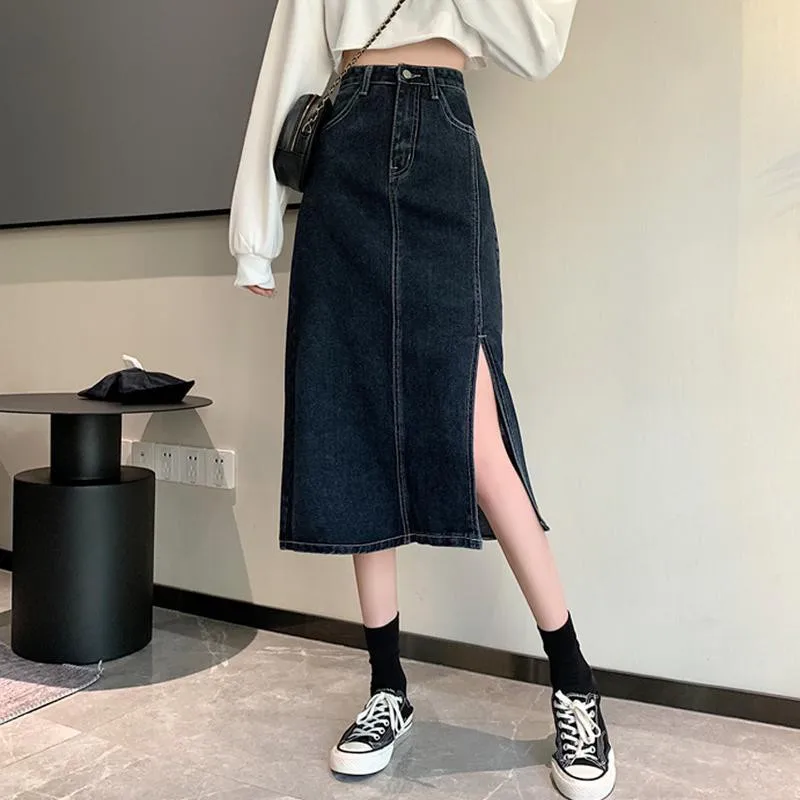 

Юбка Женская средней длины, элегантная джинсовая трапециевидная юбка с разрезом, с завышенной талией, тонкая в стиле ретро, осень