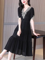 2022 new summer cool casual thin black long woman dress lace half sleeve high waist holiday dresses tulle skirt