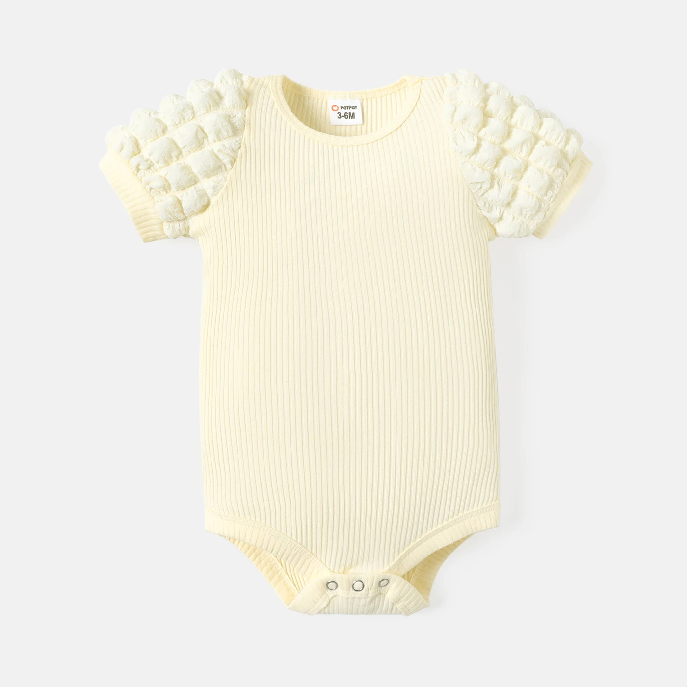 

PatPat Baby Girl Solid Cotton Ribbed Spliced Textured Puff-sleeve Romper