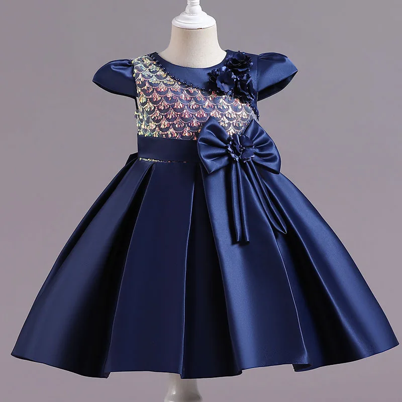 

New Kids Party Dresses Sequin Bow Satin Princess Dress Girls Elegant Birthday Dinner Dresses