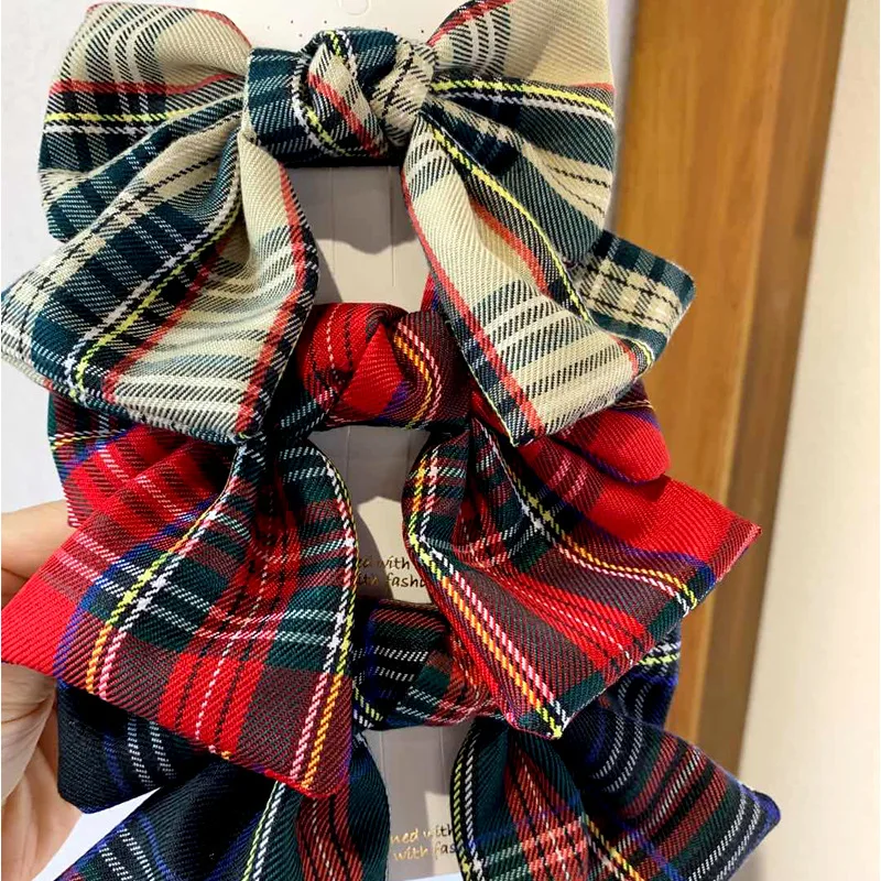 100PCS/Christmas Ponytail Hairpin Red Plaid Fabric Bow French Clip for Girls School Party Headwear Xmas Kids Accessories