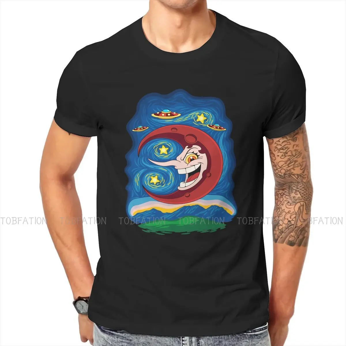 Hilda Berg Starry Night Men TShirt Cuphead Mugman Game O Neck Tops Fabric T Shirt Humor Top Quality Gift Idea |
