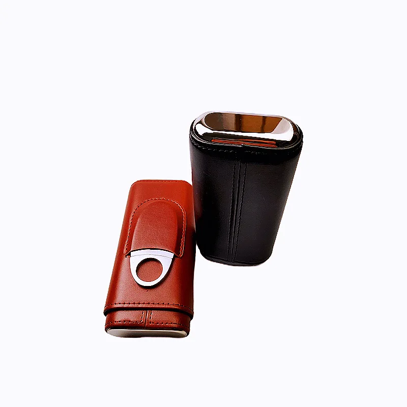 

Portable Cigar Case 3-Finger Humidors Cigar Box Brown Cigar Leather Case Holder with Cigar Cutter