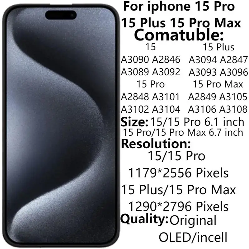 AMOLED для iPhone 15 Pro Max/15 Pro/15/15 Plus ЖК-дисплей 3D дигитайзер сенсорного экрана в сборе