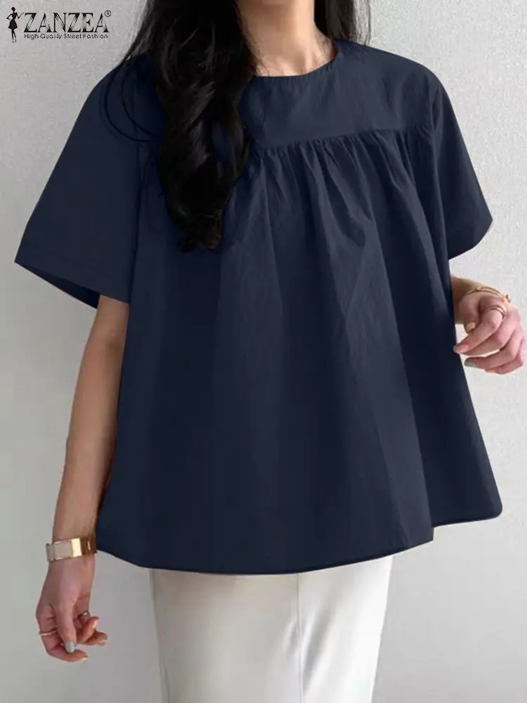 

2023 ZANZEA Летняя женская блузка винтажная Однотонная рубашка повседневные блузы с коротким рукавом и круглым вырезом Плиссированные блузы в стиле ретро праздничные Топы рубашка